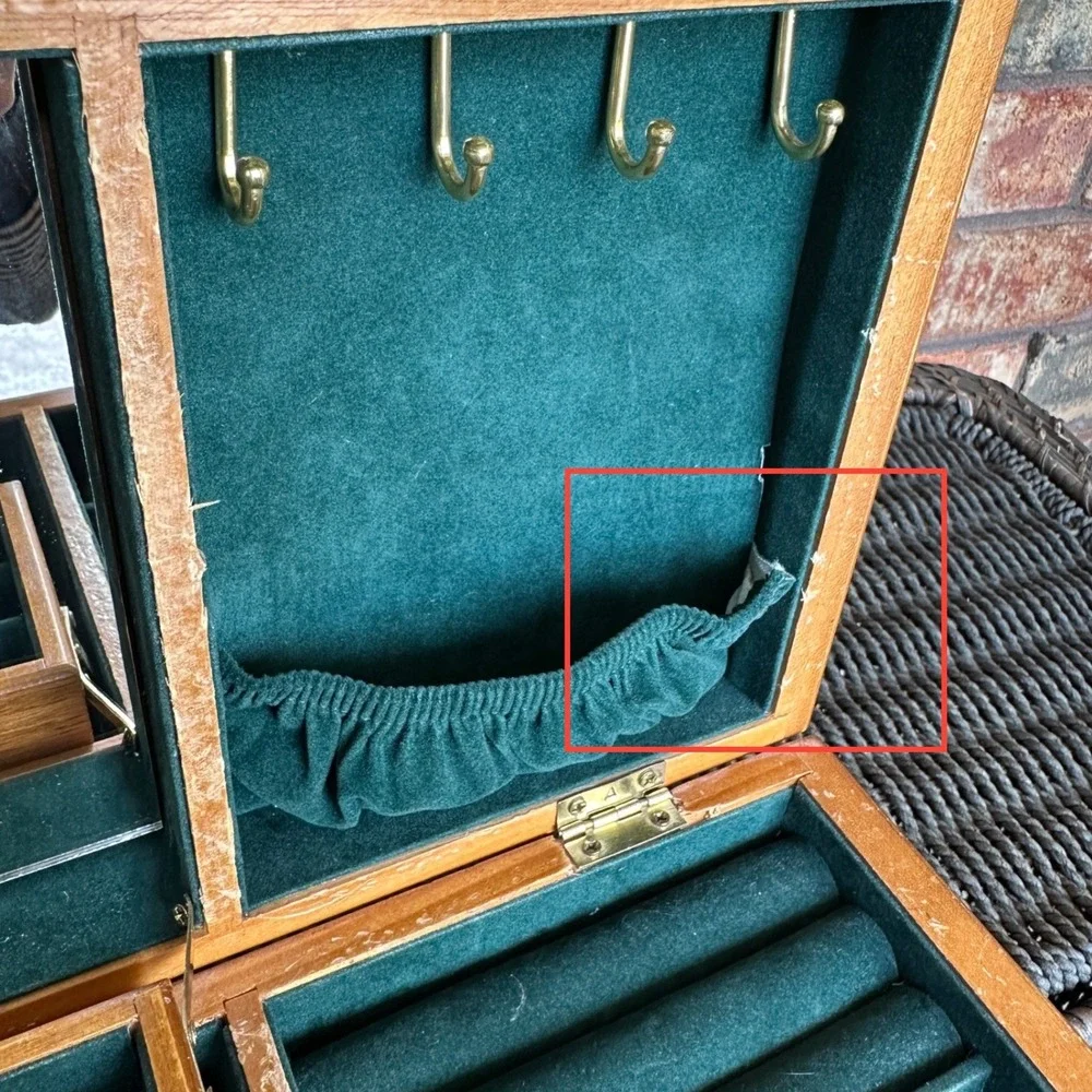 Vintage Powell Wood Jewelry Box Green Velvet Lining Mirror Necklace Hooks Taiwan